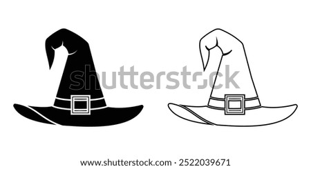Witch hat icon, vector in flat style isolated on white background. Witch hat icon, vector, Halloween hat line art symbol, silhouette. Magic hat icon, symbol. Vector illustration.