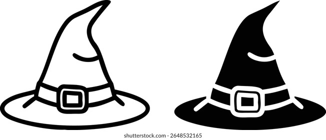 Witch Hat Icons – Black and White Halloween Costume Accessory Vector Illustration