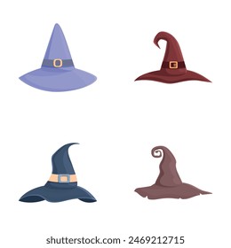 Witch hat icons set cartoon vector. Wizard spooky decorated hat. Halloween party