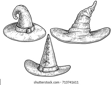 Witch hat illustration, drawing, engraving, ink, line art, vector