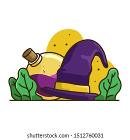 witch hat illustration with the ingredients, happy halloween illustration. design elements to liven up your halloween. can be used to beautify your banner