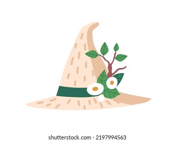 Witch Hat Isolated Icon, White Magician Headwear With Green Hatband And Tree Branch With Green Leaves and Flowers. Fairy of Nature Halloween Wizard Cap On White Background. Cartoon Vector Illustration