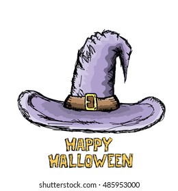  witch hat isolated on white. vector halloween doodle art violet wizard hat