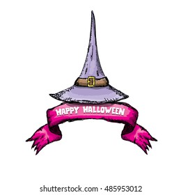  witch hat isolated on white. vector halloween doodle art violet wizard hat