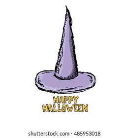  witch hat isolated on white. vector halloween doodle art violet wizard hat