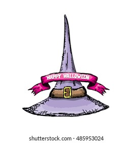  witch hat isolated on white. vector halloween doodle art violet wizard hat