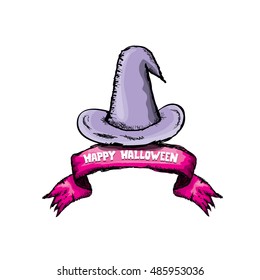  witch hat isolated on white. vector halloween doodle art violet wizard hat