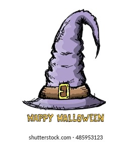  witch hat isolated on white. vector halloween doodle art violet wizard hat