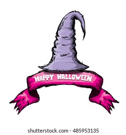  witch hat isolated on white. vector halloween doodle art violet wizard hat