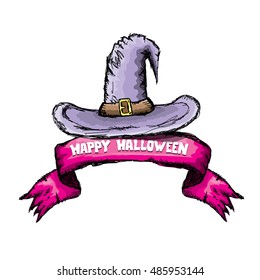  witch hat isolated on white. vector halloween doodle art violet wizard hat