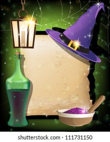 Witch hat, lantern, bottle of potion,  mortar with powder and ancient manuscript on a sparkling background. Magic accessories