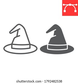 Witch hat line and glyph icon, halloween and scary, wizard hat sign vector graphics, editable stroke linear icon, eps 10