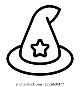 Witch Hat line icon, fairytale concept, classic wizard hat sign on white background, old-fashioned cap with star icon in outline style mobile concept web design. Vector graphics.