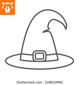 Icono de línea de sombrero de bruja, icono de estilo de contorno para sitio web o aplicación móvil, halloween y disfraz, icono de vector de sombrero mágico, ilustración vectorial simple, gráficos vectoriales con trazos editables.
