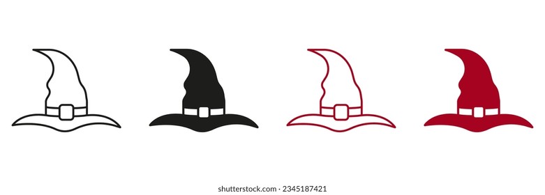 Witch Hat Line and Silhouette Icon Set. Wizard Magic Pointy Cap for Party 31 October Black and Color Pictogram. Halloween Accessory for Magician Symbols. Isolated Vector Illustration.