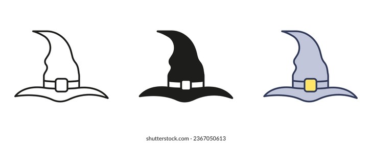 Witch Hat Line and Silhouette Icon Set. Wizard Magic Pointy Cap for Party 31 October Black and Color Pictogram. Halloween Accessory for Magician Symbols. Isolated Vector Illustration.