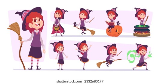 Witch in hat. Little girl fantasy witch making poison exact vector character in purple clothes