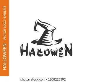 Witch hat logo - emblem design on white background, halloween vector illustration