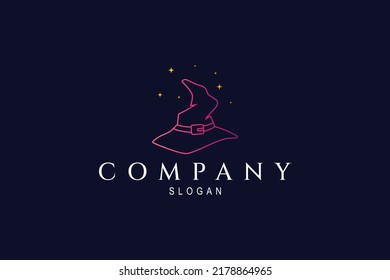 witch hat logo in line art style with stars decoration, purple gradient color and deep blue background