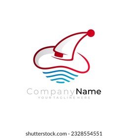 Witch hat logo, simple line design template, hat and sea icons