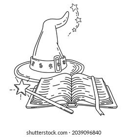 Witch hat, magic book and wand in cartoon style with stroke and outline. Coloring pages