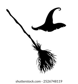 Witch hat and magic broom black silhouette vector illustration on white background.