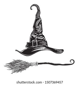 Witch hat and magic broom. Halloween stickers. Set of vector illustrations for all saints ' day. Attributes of magical power, coven, witchcraft, magic. Mystical Tattoo witchcraft. Print. Souvenirs.