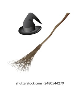 Witch hat and magic broom. Halloween stickers. Set of vector illustrations for all saints ' day. Mystical witchcraft. Print.