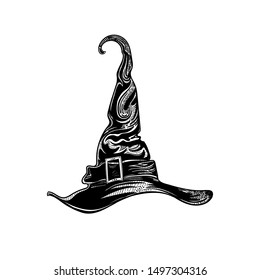  Witch hat. A magical costume element for Halloween or all saints ' day. Symbol of magic. Tattoo or print for holiday. Postcard or sticker, poster. Vector illustration.  Vintage magic hat magician.