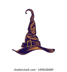  Witch hat. A magical costume element for Halloween or all saints ' day. Symbol of magic. Tattoo or print for holiday. Postcard or sticker, poster. Vector illustration.  Vintage magic hat magician.