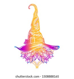  Witch hat. A magical costume element for Halloween or all saints' day. Symbol of magic. Tattoo or print for holiday. Postcard or sticker, poster. Vector illustration.  Vintage magic hat magician.