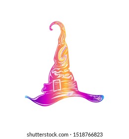  Witch hat. A magical costume element for Halloween or all saints ' day. Symbol of magic. Tattoo or print for holiday. Postcard or sticker, poster. Vector illustration.  Vintage magic hat magician.