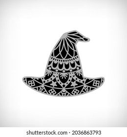 Witch hat mandala magic accessories. Element from mystery collection for Halloween party decoration, t shirt, invitation card, print. Vector illustration.