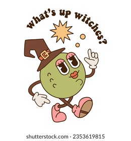 Witch with hat mascot in 70s retro style. Witch character wearing hat with gloved hands. Crazy Halloween sticker in 80s style. Contour hand drawn vector illustration.