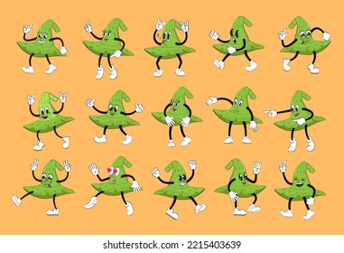 Witch hat mascot set vector in retro style. Witch hat with gloved hands. Sticker pack of funny cartoon characters in 90s style. Crazy Halloween stickers in y2k style.