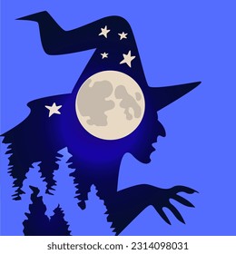 Witch with a hat, moon, stars ans fir trees in blue tons, illustration for halloween celebration