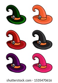 Witch hat multi-colored set, green, black, red, pink, orange, violet vector illustration for design and decoration, holiday halloween