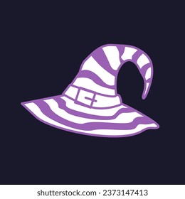 Witch hat in naive style. Haloween illustration in purple tones. Icon. Clipart. Isolated element.	 