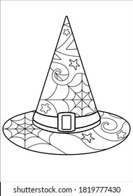 Witch hat - Nantistress coloring - vector linear zentangle picture for coloring. Halloween coloring - witch hat with anti-stress patterns. Outline. Element for coloring book.