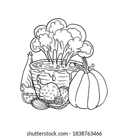Witch hat near vat with poison, poison and pumpkin, Halloween doodles. Isolated vector illustration in contour or outline drawing style for coloring book pages design.
