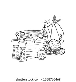 Witch hat near vat with poison, poison and pumpkin, Halloween doodles. Isolated vector illustration in contour or outline drawing style for coloring book pages design.