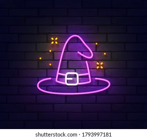 Witch hat neon sign. Glowing neon light signboard of candy. Sign of Witch hat with colorful neon lights isolated on brick wall. Vector illustration