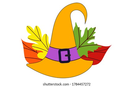 Witch hat on a background of autumn leaves.
Vector illustration on white background.