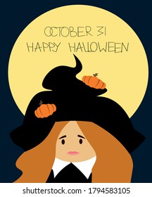 a witch with a hat on the background of the moon in a vector illustration