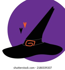 Witch hat on the background of a spot of purple color with elements in the shape of a heart.