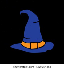 Witch hat on a black background. Cute Halloween icon. Vector shabby hand drawn illustration