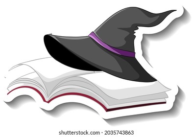 Sombrero de bruja en la pegatina de caricatura del libro sobre ilustración de fondo blanco