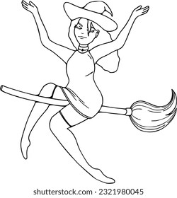 Hexe in einem Hut auf einem Besenkstab schöne Zaubermystik Halloween-Linearcartoon-Färbung