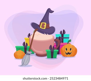 Witch hat on cup with cappuccino, broom, pumpkins and gift boxes on abstract background. Halloween banner design. Celebration, holiday concept. Vector illustration for invitation or poster