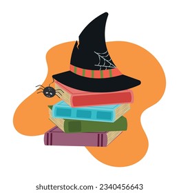 Witch hat on a stack of books with a spider. Vector illustration